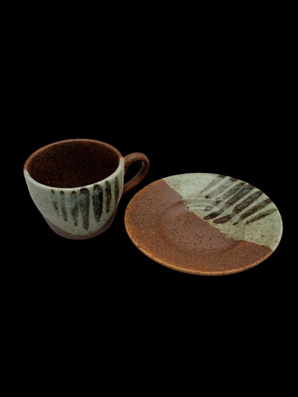 Studio Pottery Espresso Cup & Saucer Brown Sage Drip Glaze